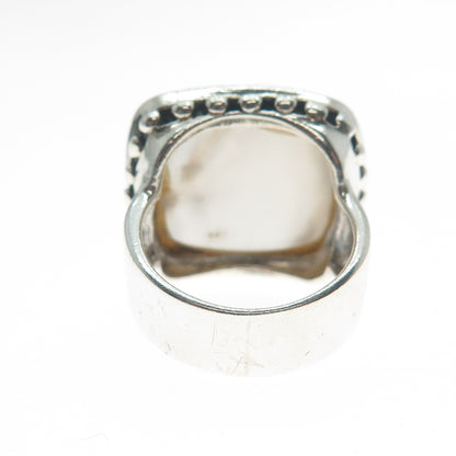 925 Sterling Silver Vintage Real Mother-of-Pearl Polka Dot Wide Ring Size 5.75
