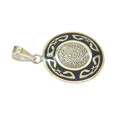 925 Sterling Silver Gold Plated Vintage Enamel Mayan Calendar Charm Pendant