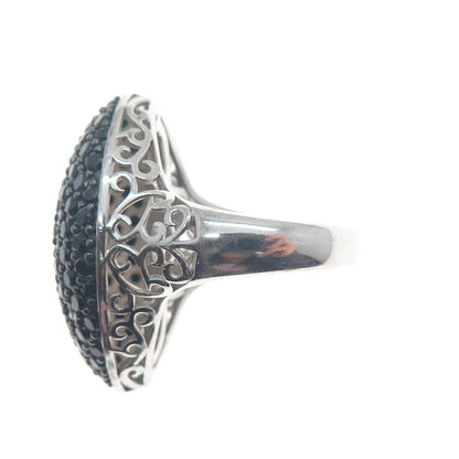 925 Sterling Silver Real Black Spinel Gem Cluster Marquise Dome Ring Size 7