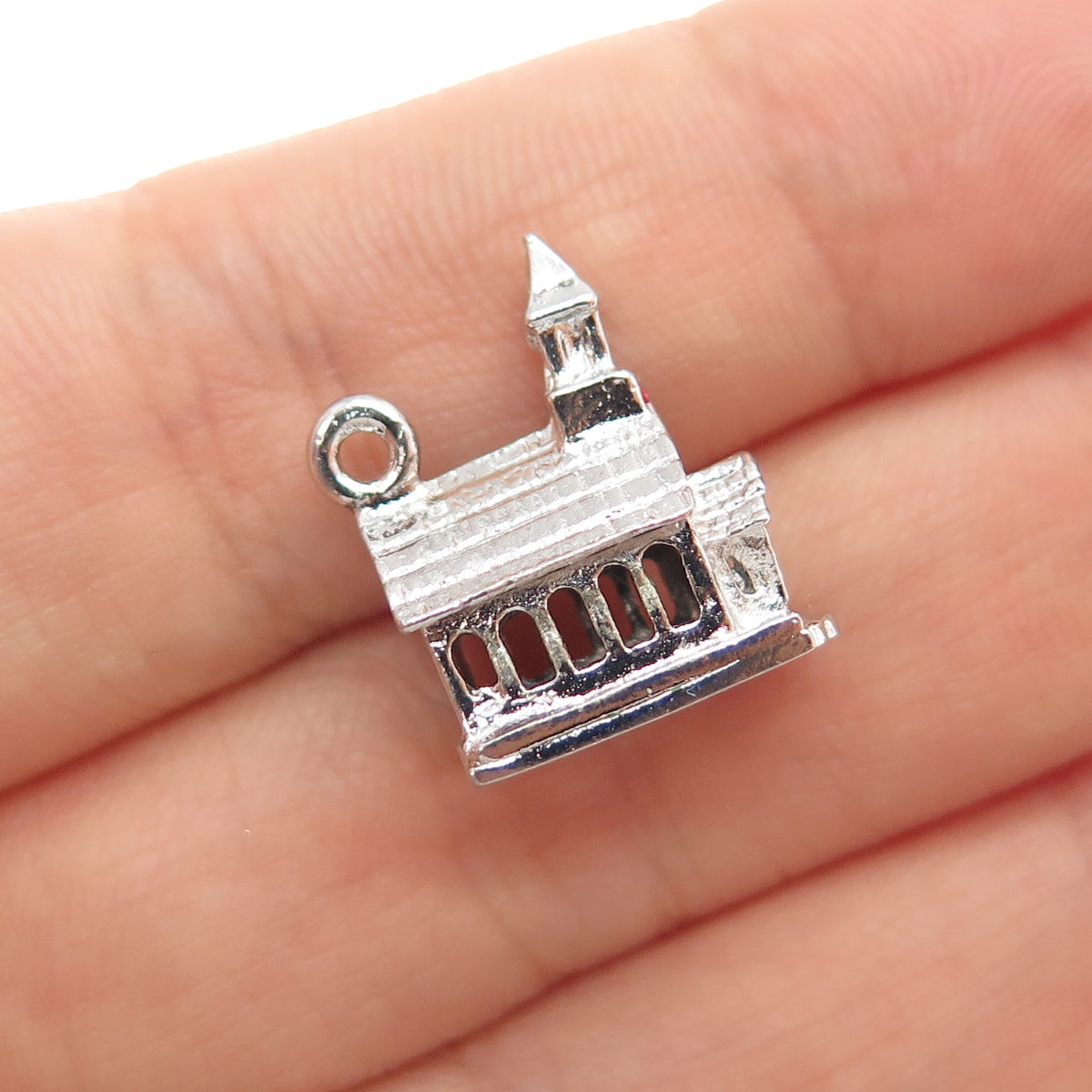 925 Sterling Silver Antique Art Deco Enamel Church Minimalist 3D Charm Pendant