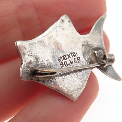 925 Sterling Silver Vintage Mexico Real Turquoise Fish Oxidized Pin Brooch