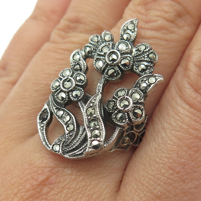 925 Sterling Silver Antique Art Deco Real Marcasite Flower Ring Size 7.75