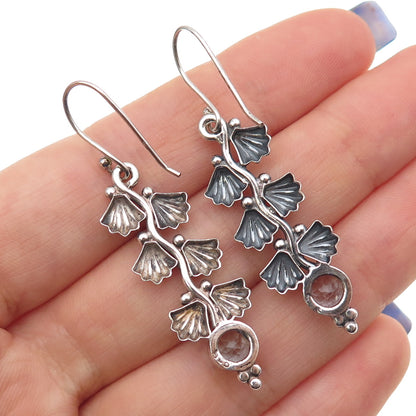 925 Sterling Silver Vintage Real Blue Topaz Floral Oxidized Dangle Earrings