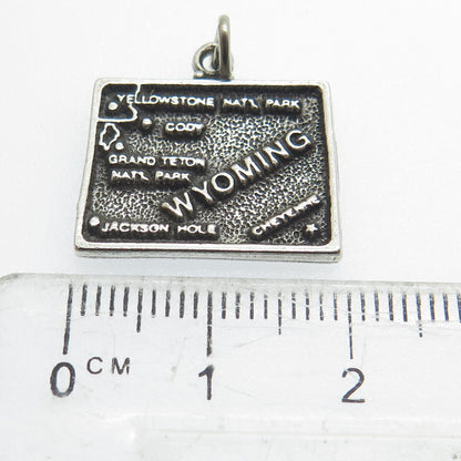 925 Sterling Silver Vintage Wyoming State Map Minimalist Oxidized Charm Pendant