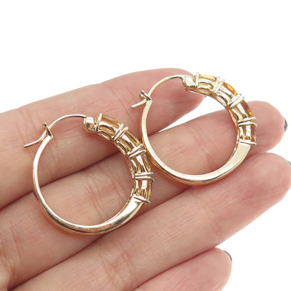 925 Sterling Silver Gold Plated Citrine Gem Hinged Hoop Earrings