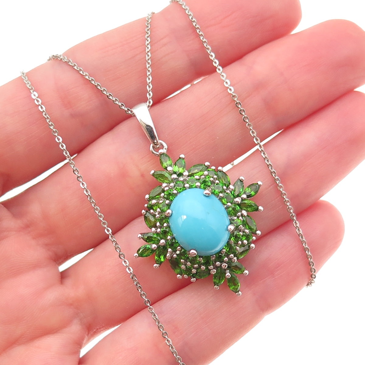 D'Joy 925 Sterling Silver Real Turquoise & Peridot Cable Chain Necklace 20"