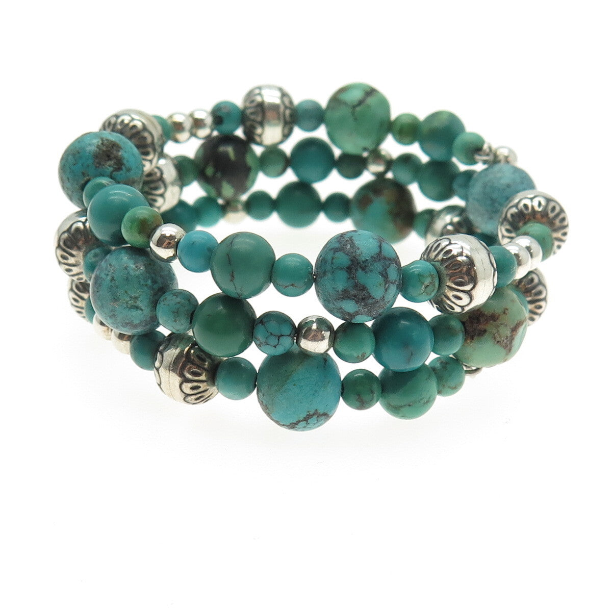Old Pawn 925 Sterling Turquoise Navajo Pearls Beaded Adjustable Wrap Bracelet 6"