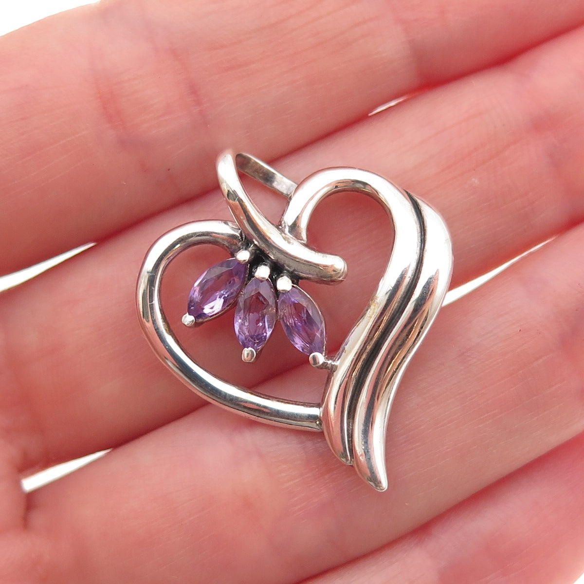 925 Sterling Silver Vintage Real Marquise-Cut Amethyst Heart Charm Pendant