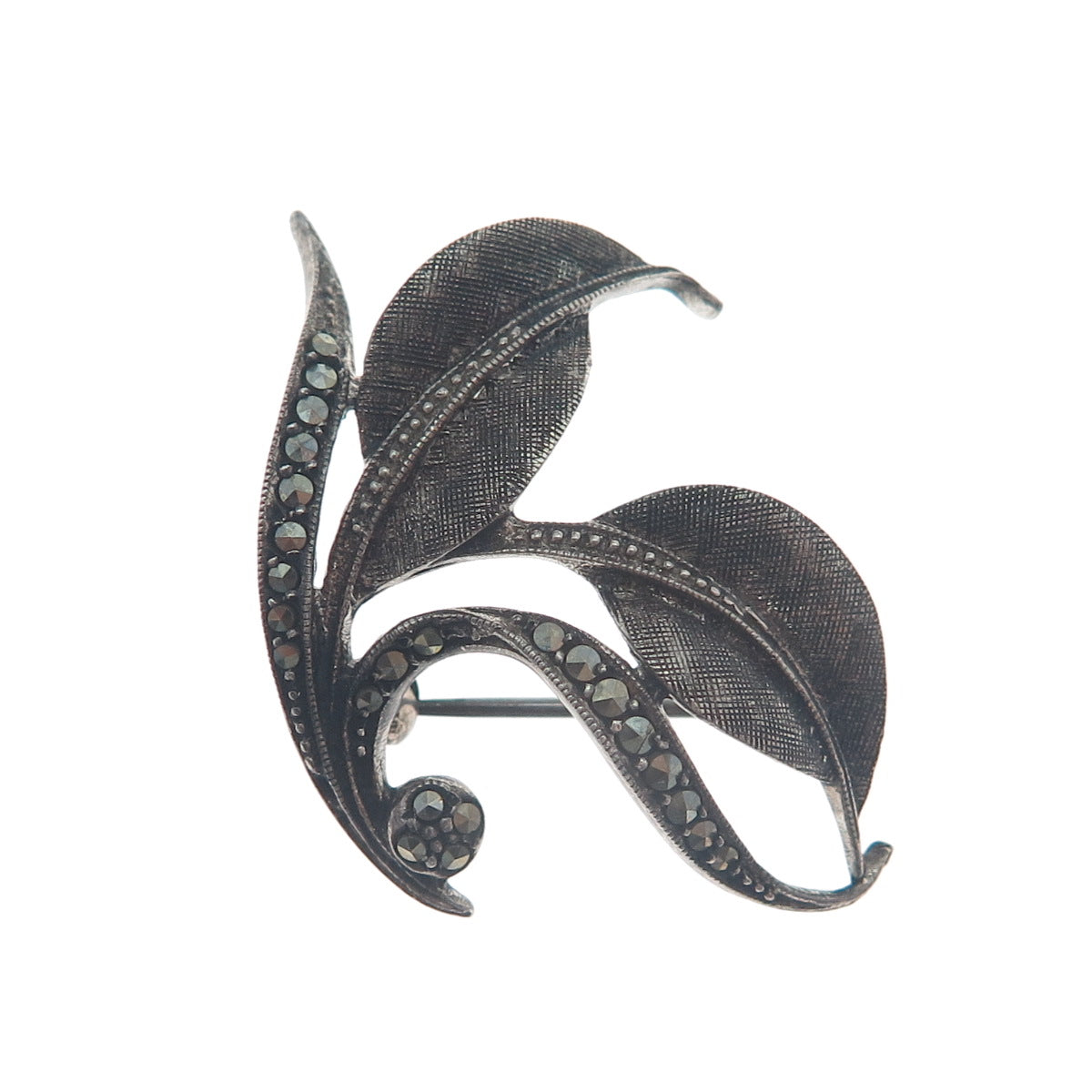 925 Sterling Silver Antique Germany Real Marcasite Floral Leaf Oxidized Brooch