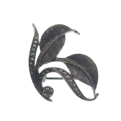 925 Sterling Silver Antique Germany Real Marcasite Floral Leaf Oxidized Brooch