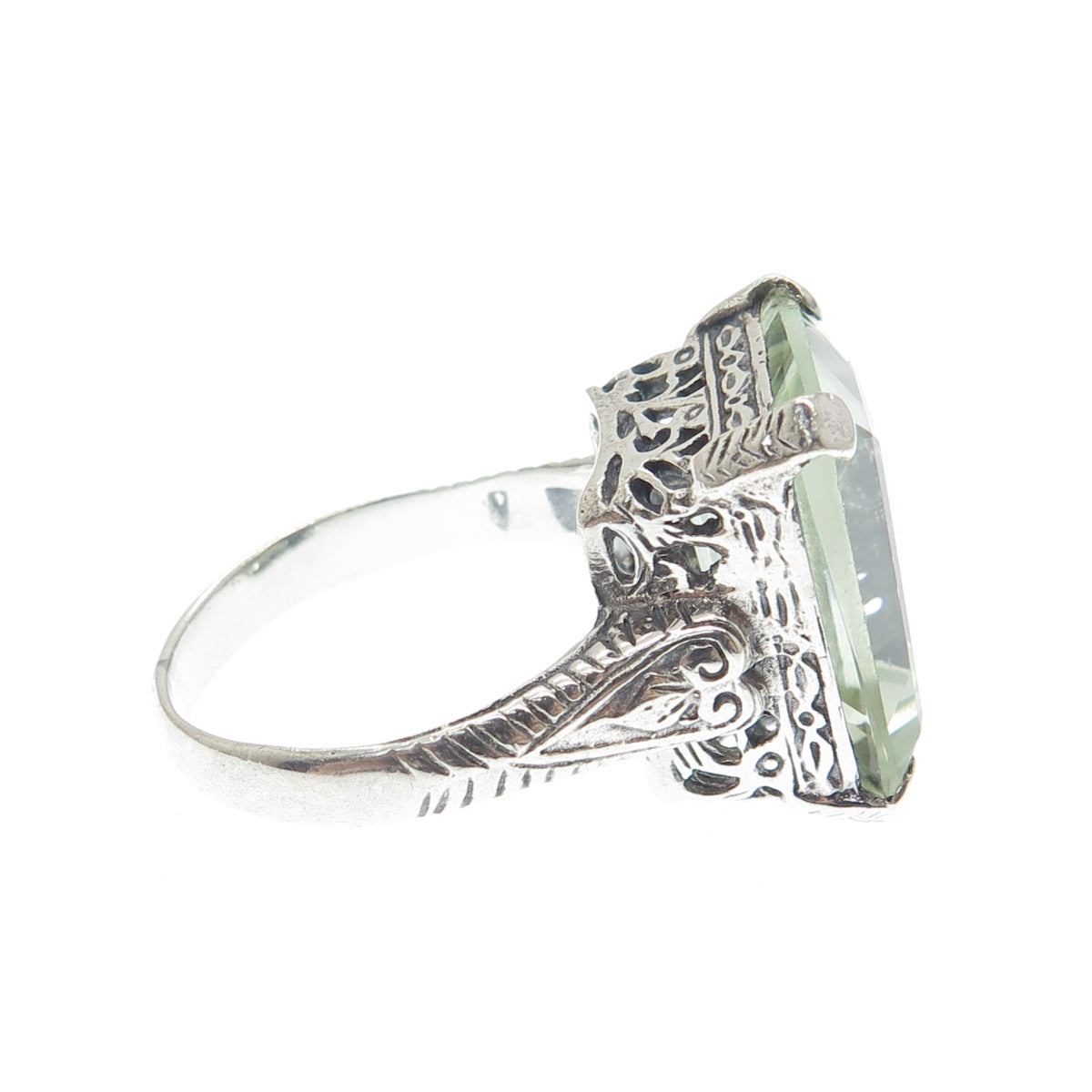 925 Sterling Silver Vintage Real Emerald-Cut Green Topaz Filigree Ring Size 7.25