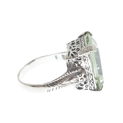 925 Sterling Silver Vintage Real Emerald-Cut Green Topaz Filigree Ring Size 7.25