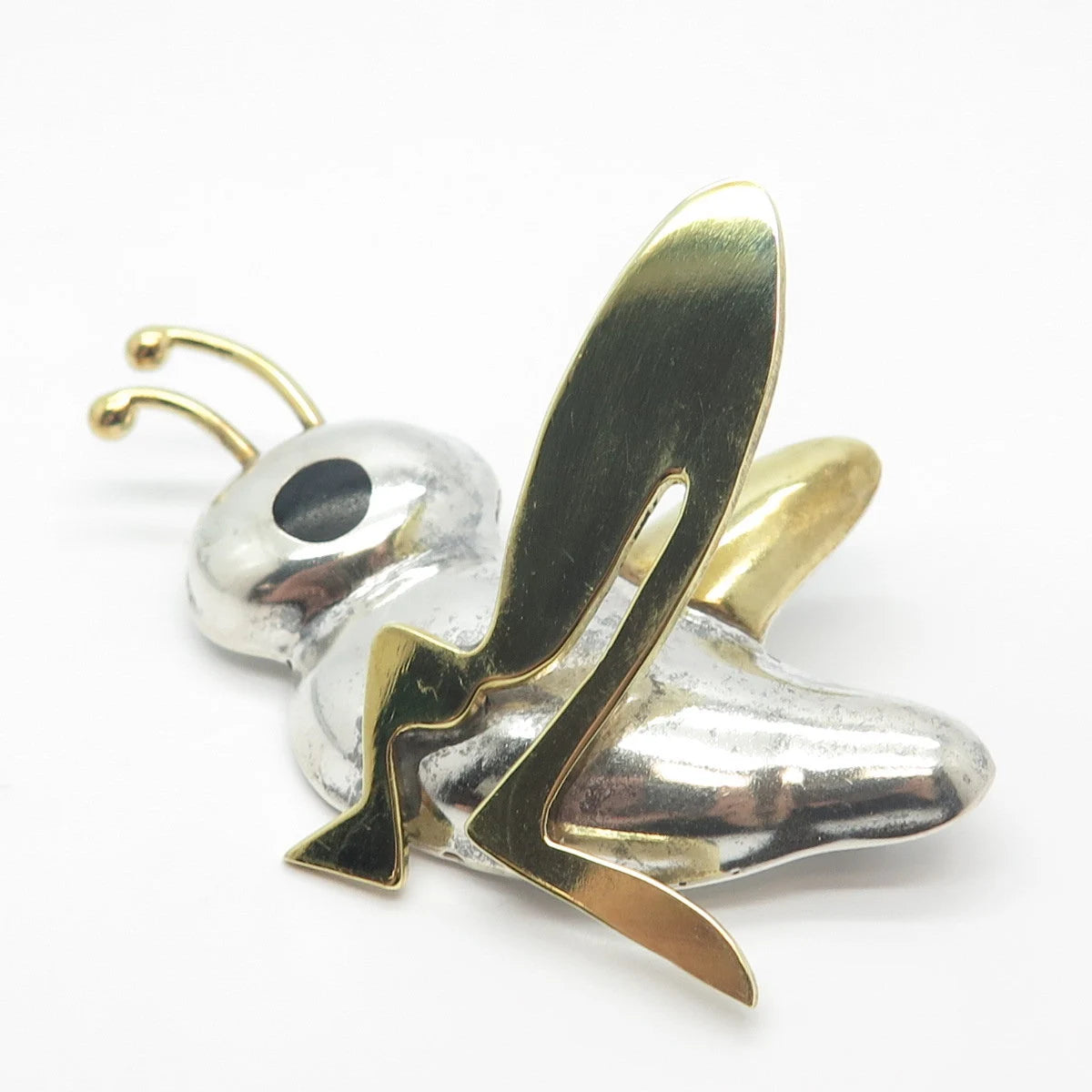 925 Sterling Silver 2-Tone Vintage Taxco Black Onyx Gem Grasshopper Pin Brooch