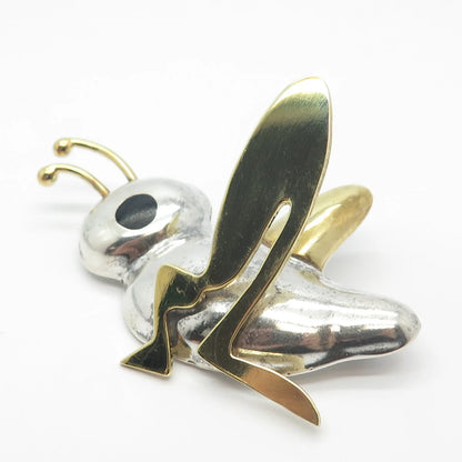 925 Sterling Silver 2-Tone Vintage Taxco Black Onyx Gem Grasshopper Pin Brooch
