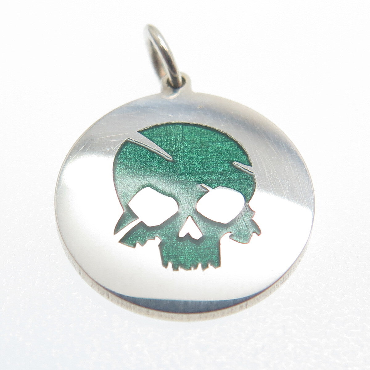 925 Sterling Silver Green Enamel Skull Round Tag Minimalist Charm Pendant