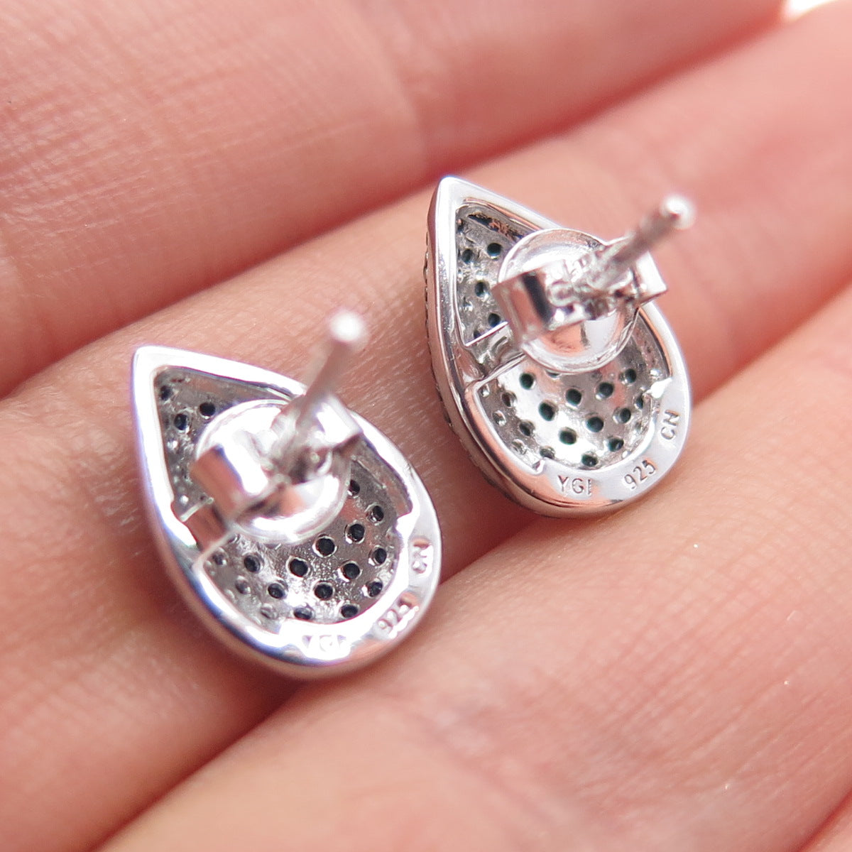 925 Sterling Silver Round-Cut Black C Z Teardrop Earrings