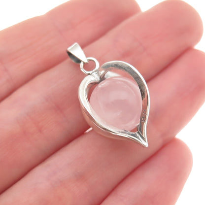 925 Sterling Silver Vintage Real Rose Quartz Heart Cage Charm Pendant