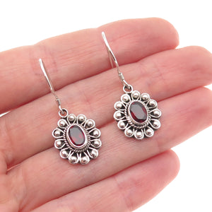 925 Sterling Silver Vintage Real Red Garnet Floral Beaded Dangle Earrings