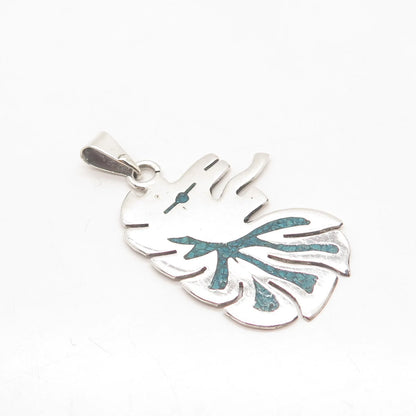 925 Sterling Silver Vintage Mexico Turquoise Gem Inlay Abstract Pendant