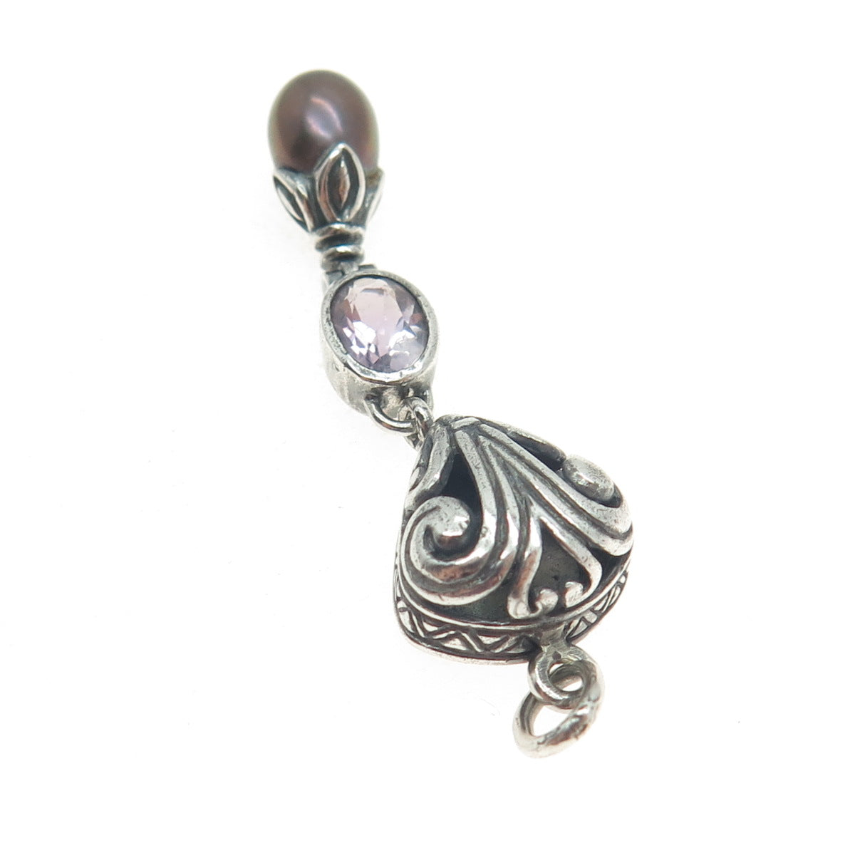 CHAPAL ZENRAY 925 Sterling Silver Vintage Real Pearl & Amethyst Oxidized Pendant