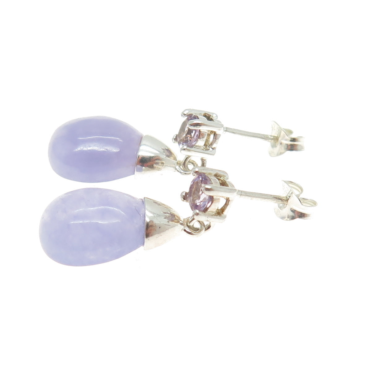 HAN 925 Sterling Silver Vintage Real Lavender Jade & Amethyst Gemstone Earrings