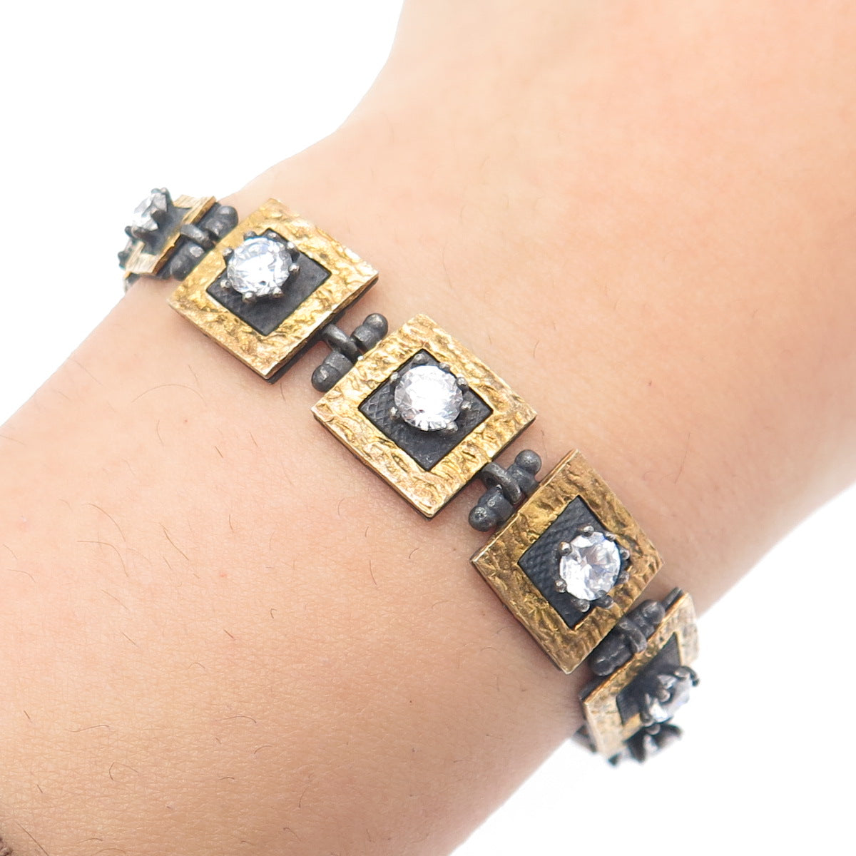 925 Sterling Silver 2-Tone Vintage C Z Modernist Panel Link Oxidized Bracelet 7"