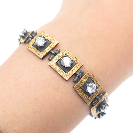 925 Sterling Silver 2-Tone Vintage C Z Modernist Panel Link Oxidized Bracelet 7"