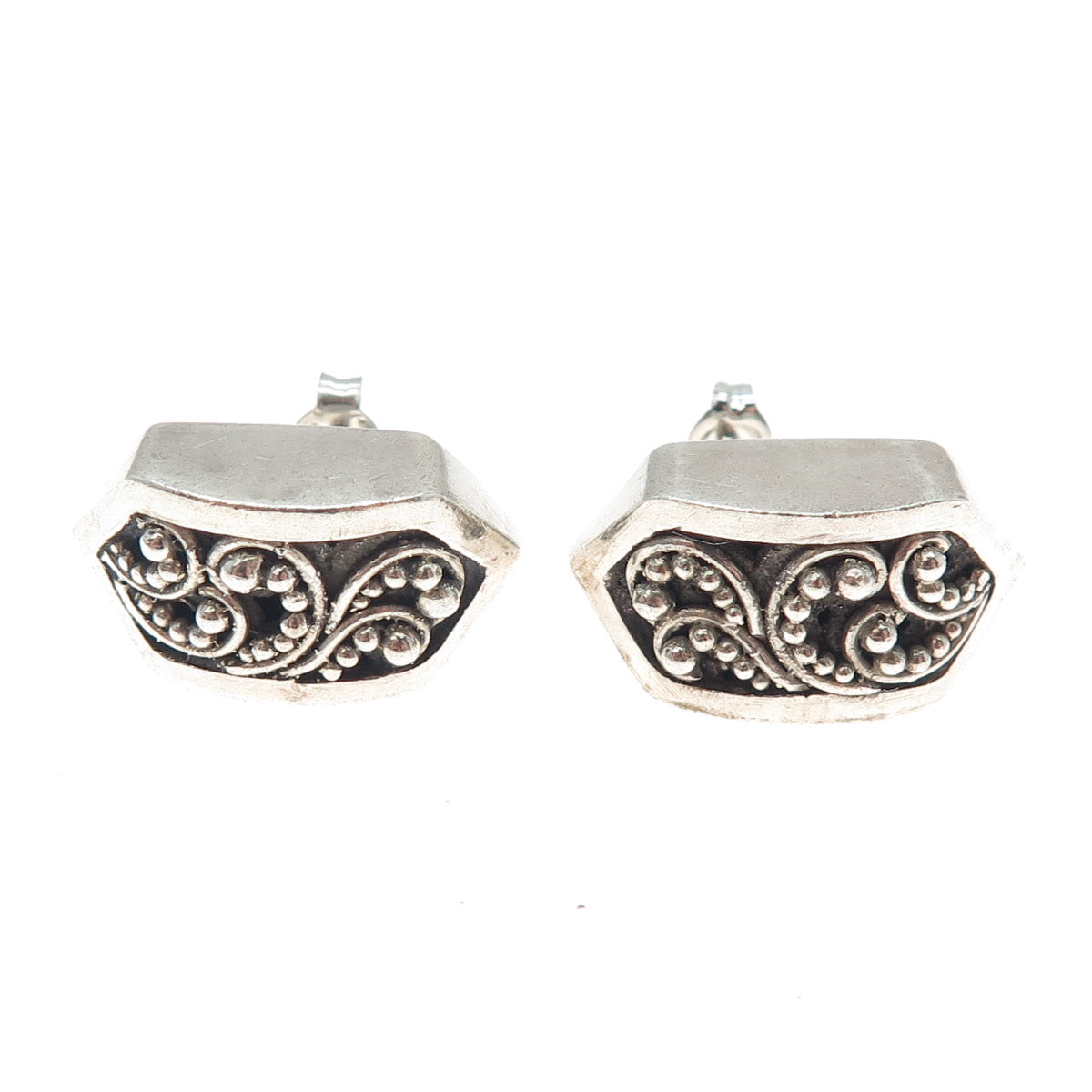LOIS HILL Sterling Silver Vintage Granulated Signature Scroll Oxidized Earrings