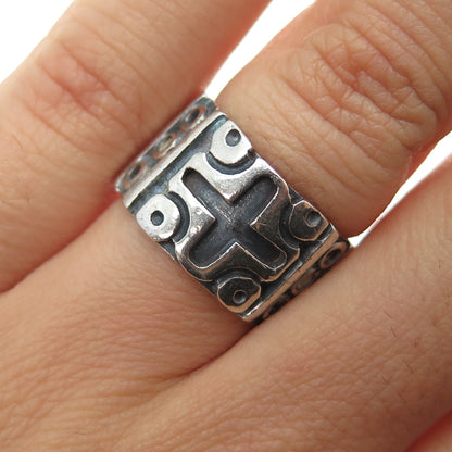 925 Sterling Silver Vintage Mexico Cross Oxidized Wide Band Ring Size 6.75