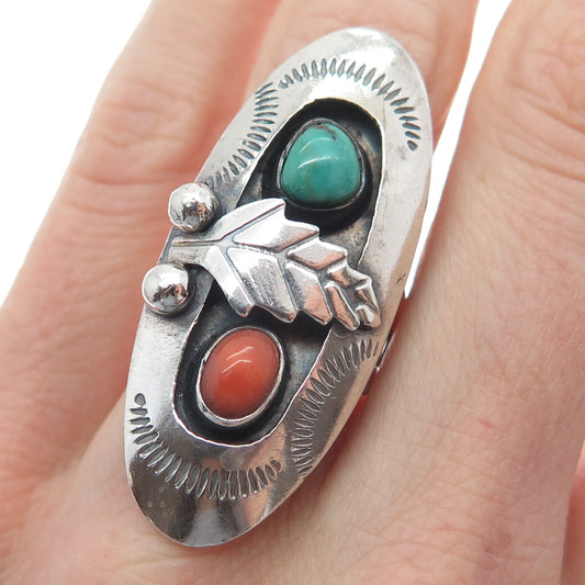 MARGARET LEE Navajo Old Pawn 925 Sterling Turquoise & Coral Ring Size 6.75