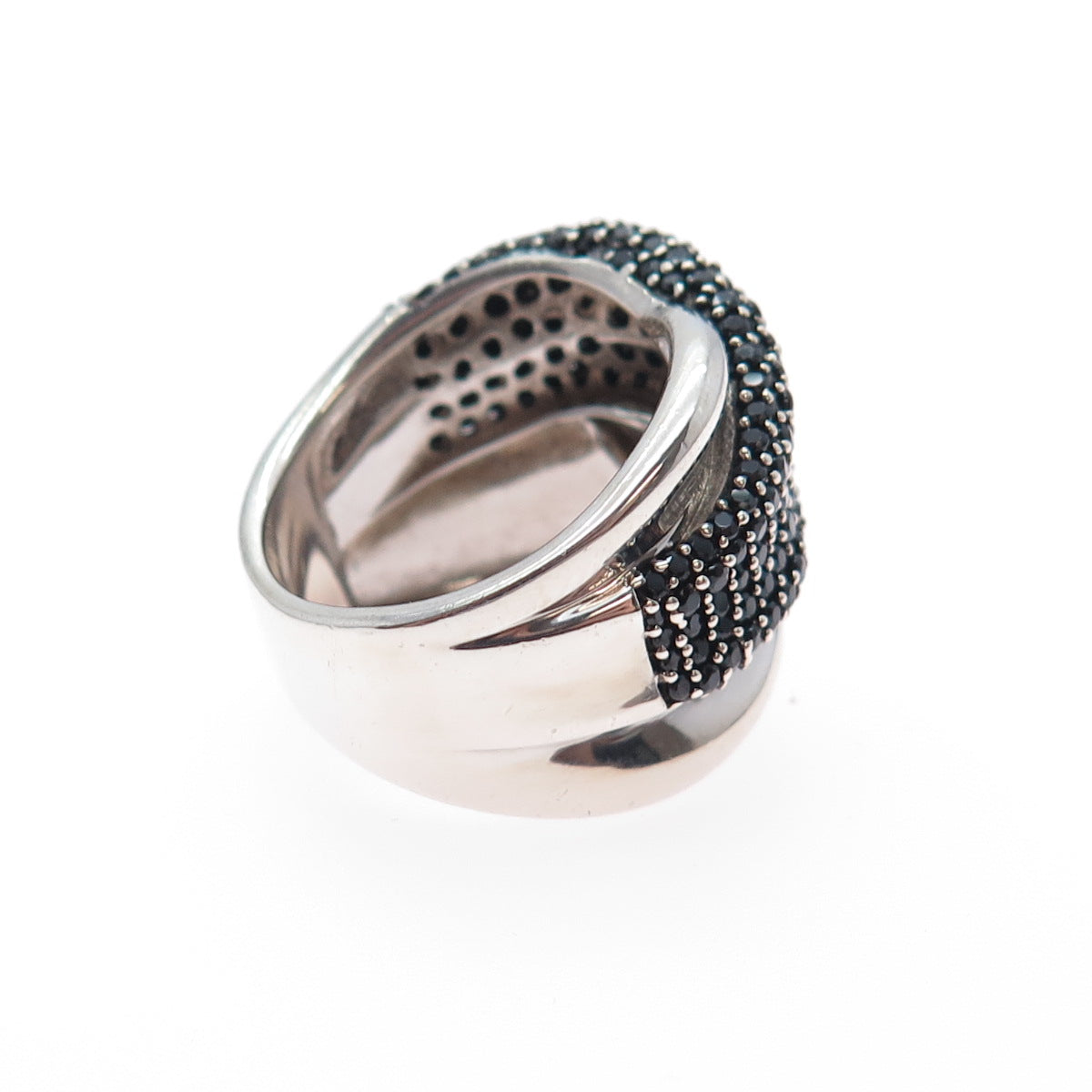 925 Sterling Silver Real Round-Cut Black Spinel Crisscross Ring Size 5