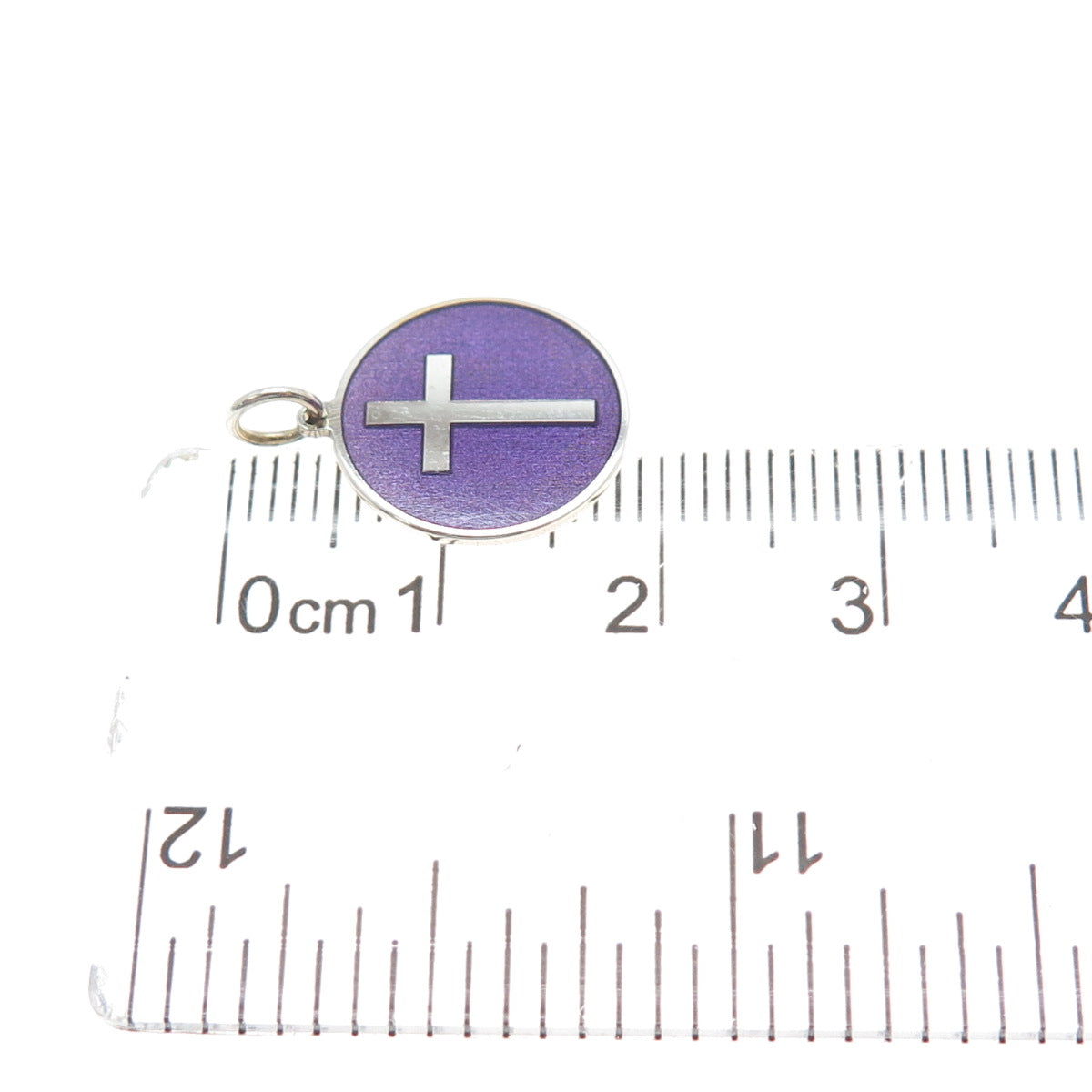 925 Sterling Silver Purple Enamel Cross Round Tag Minimalist Charm Pendant