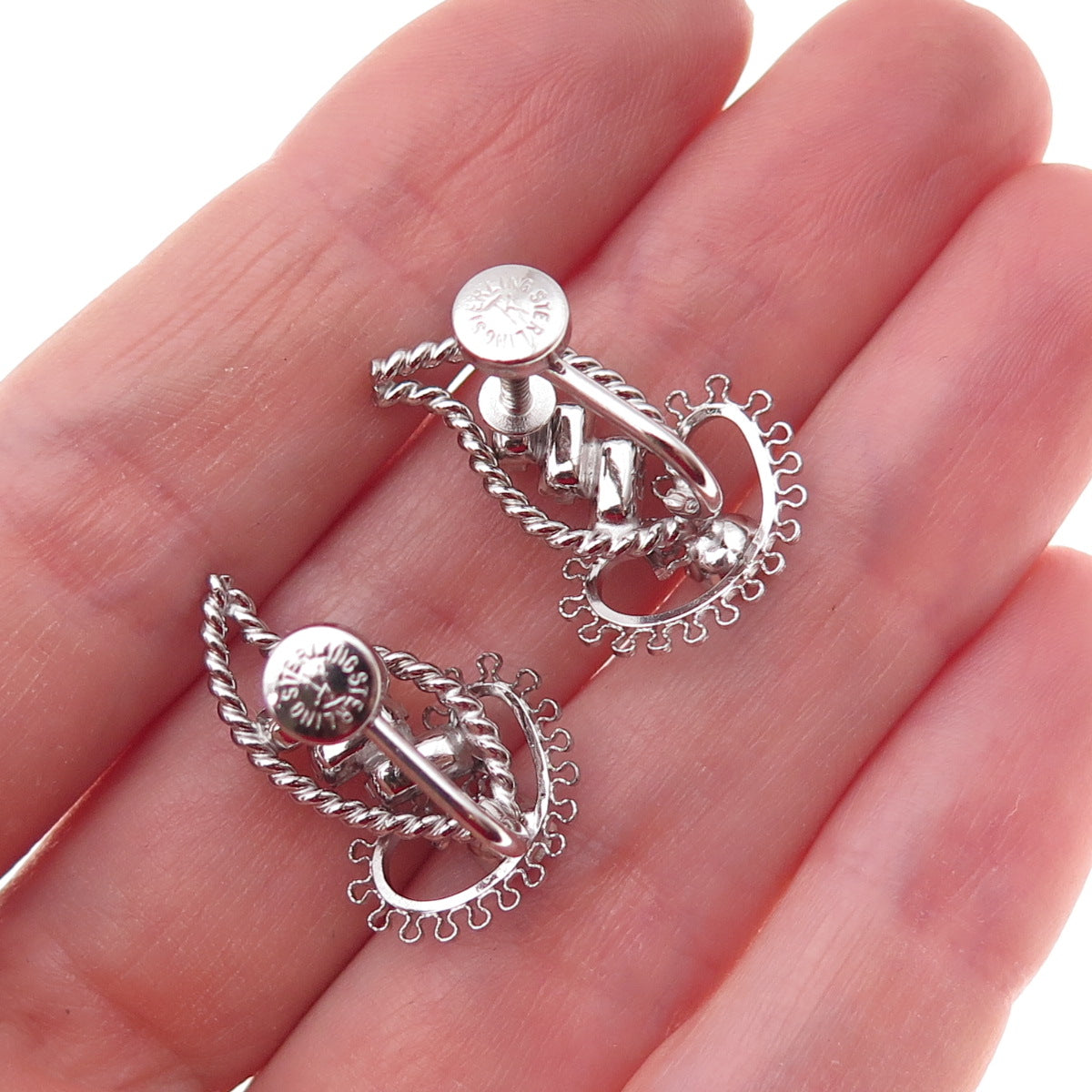 Tru-Kay Sterling Silver Antique Art Deco Rhinestone Floral Screw Back Earrings