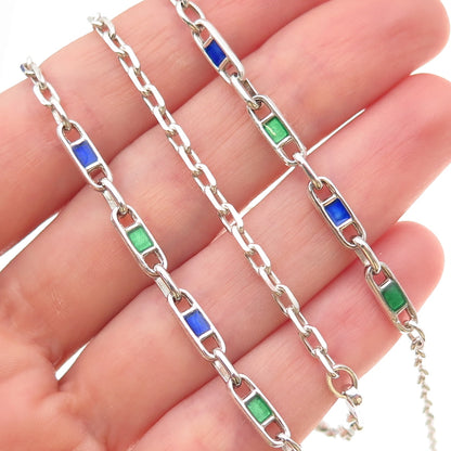 925 Sterling Silver Vintage Italy Enamel Anchor Mariner Cable Chain Necklace 30"