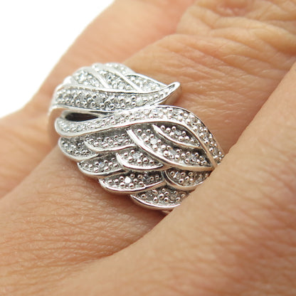 925 Sterling Silver Real Round-Cut Diamond Angel Wing Ring Size 7