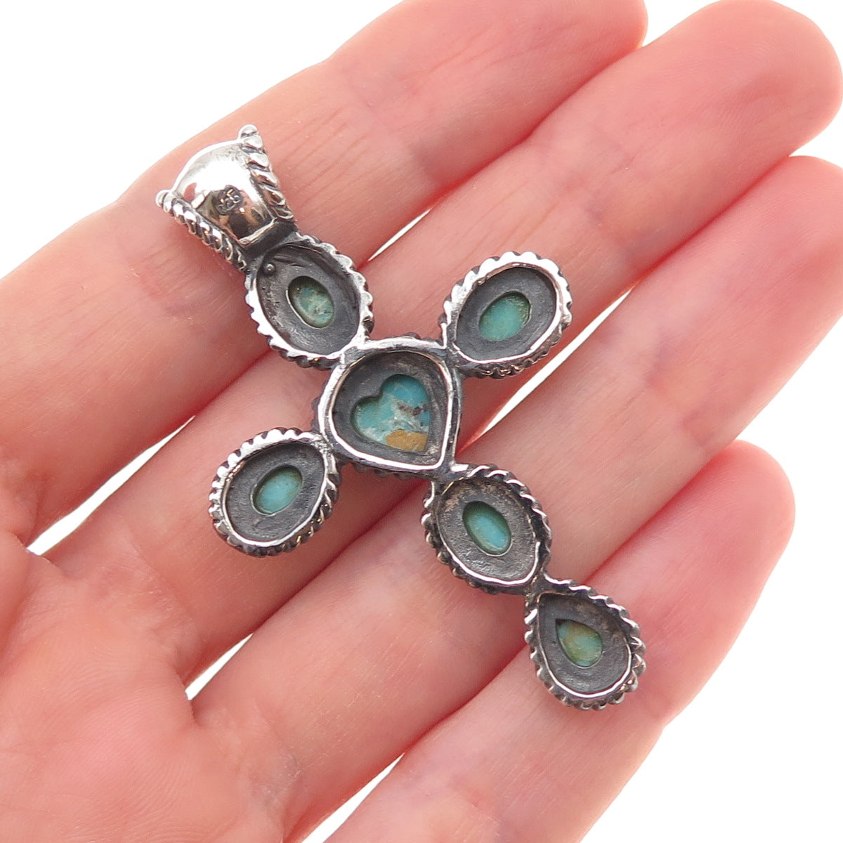 925 Sterling Silver Vintage Real Turquoise Heart Cross Oxidized Charm Pendant