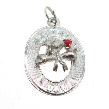 925 Sterling Silver Vintage Red Glass "Graduation Day" Cap & Diploma Pendant