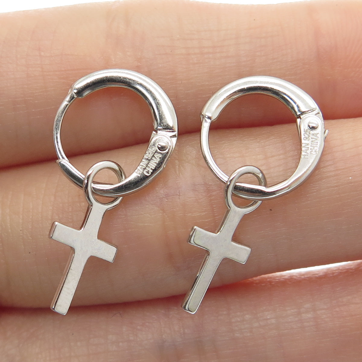 HAN 925 Sterling Silver Cross Charm Hoop Earrings