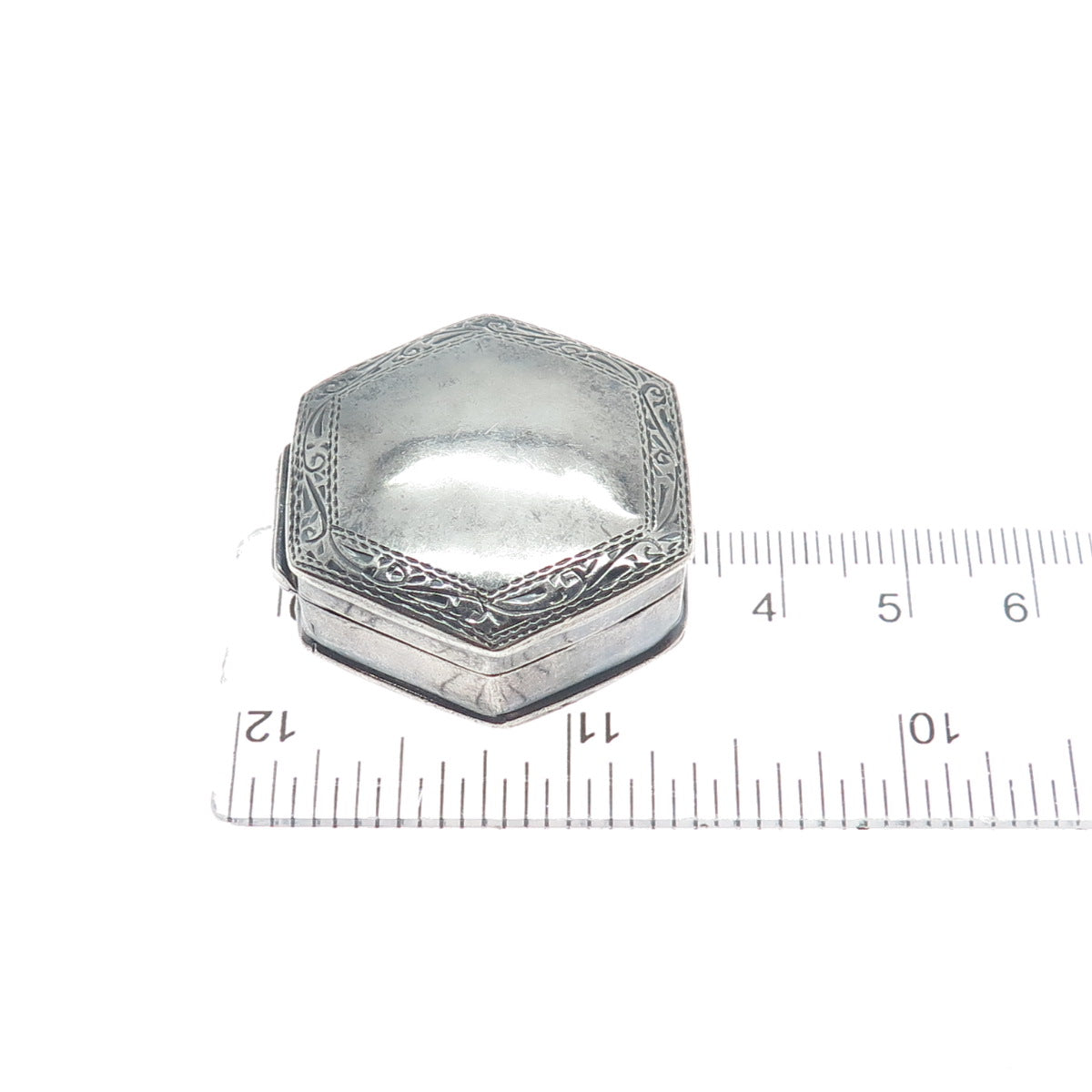 925 Sterling Silver Vintage Engraved Hexagon Oxidized Pill / Snuff Box