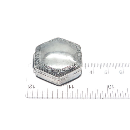 925 Sterling Silver Vintage Engraved Hexagon Oxidized Pill / Snuff Box