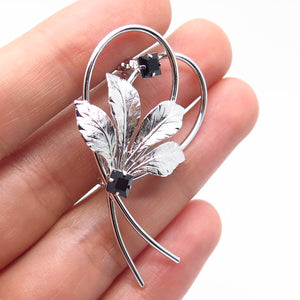 925 Sterling Silver Vintage Black Rhinestone Leaf Floral Pin Brooch