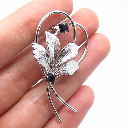 925 Sterling Silver Vintage Black Rhinestone Leaf Floral Pin Brooch
