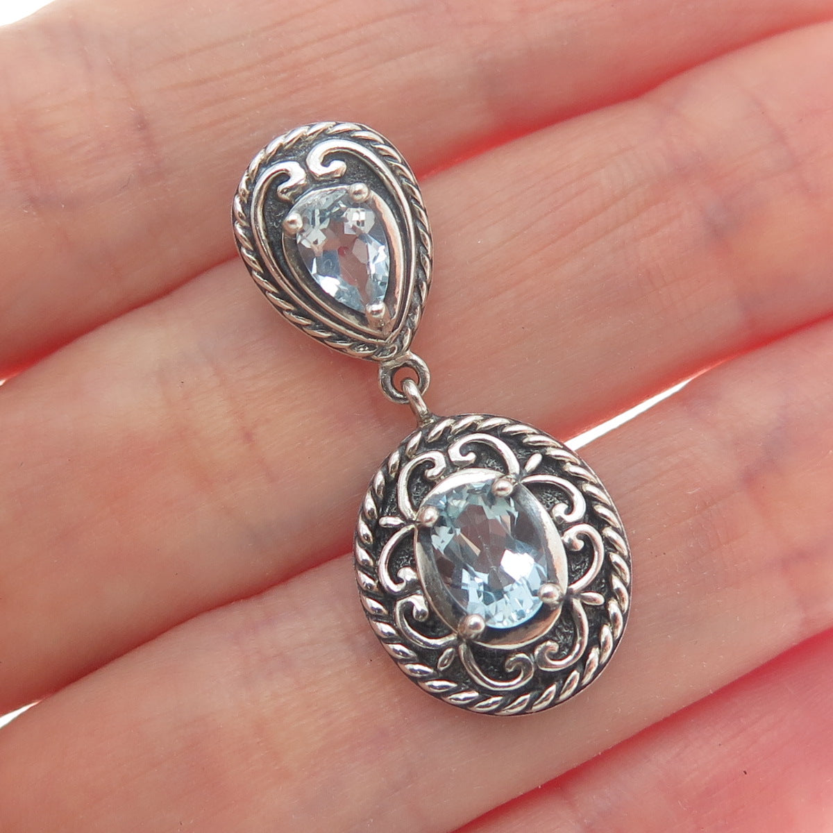 ROSS SIMONS 925 Sterling Silver Vintage Real Blue Topaz Oxidized Charm Pendant