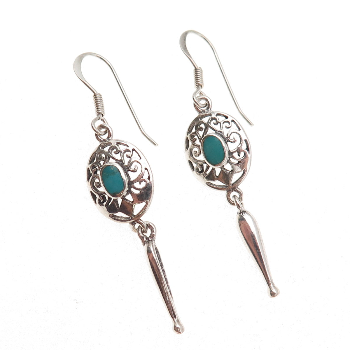 925 Sterling Silver Vintage Real Turquoise Floral Oxidized Dangle Earrings