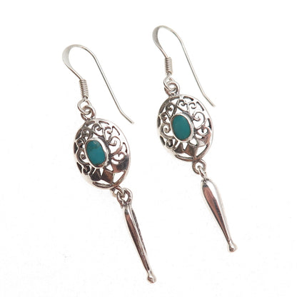 925 Sterling Silver Vintage Real Turquoise Floral Oxidized Dangle Earrings