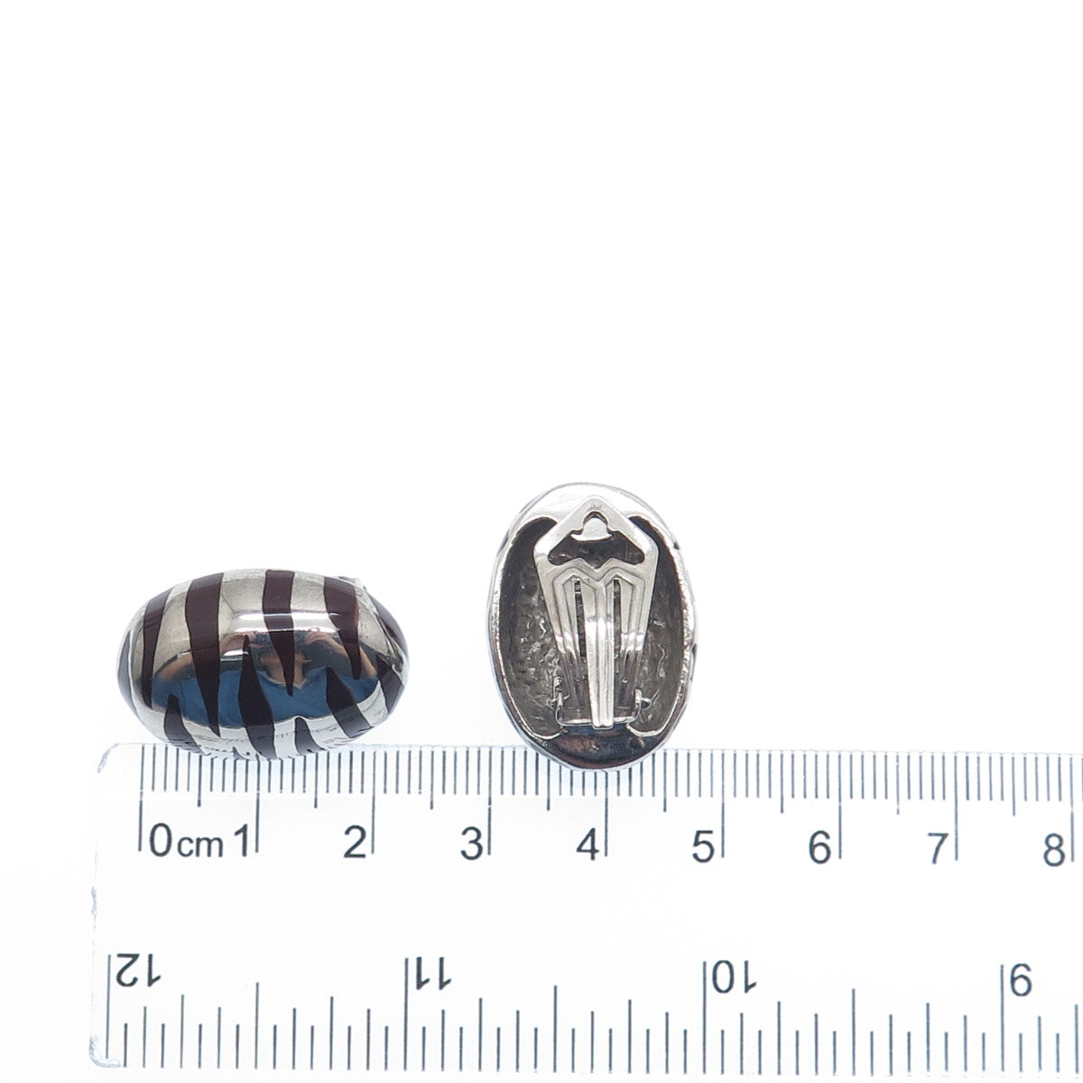 925 Sterling Silver Vintage Italy Enamel Zebra Pattern Clip On Earrings
