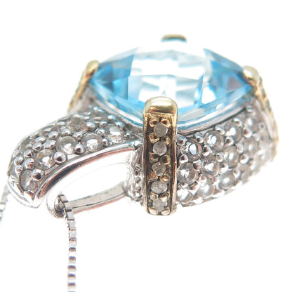 925 Sterling 2-Tone Real Diamond Blue & White Topaz Box Chain Necklace 18"