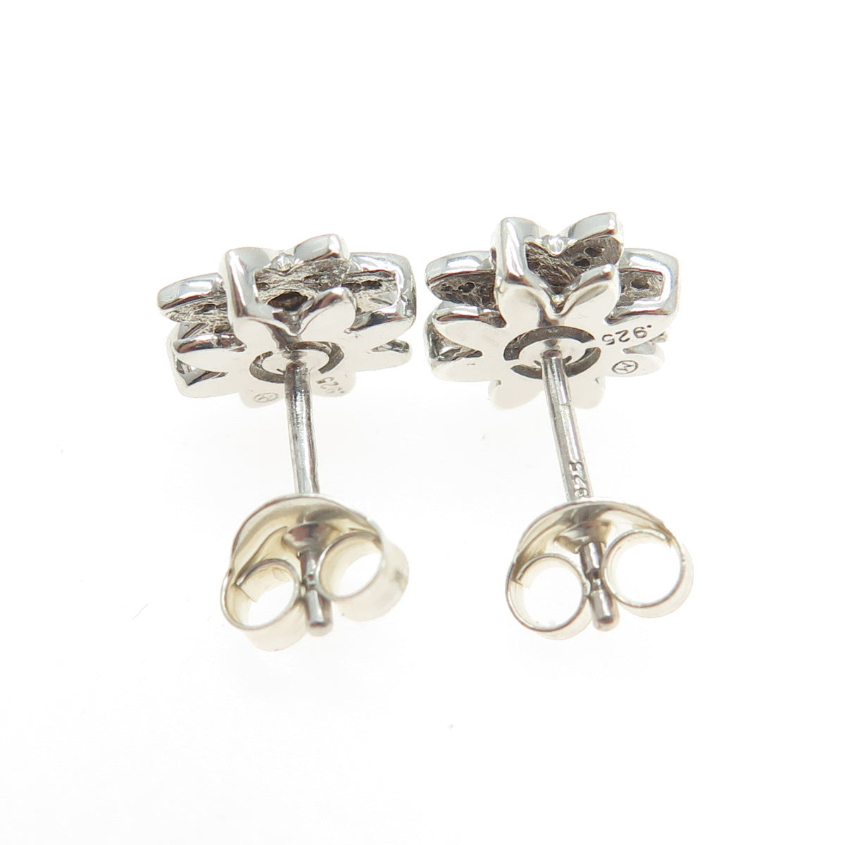 925 Sterling Silver Real Round-Cut Diamond Flower Stud Earrings