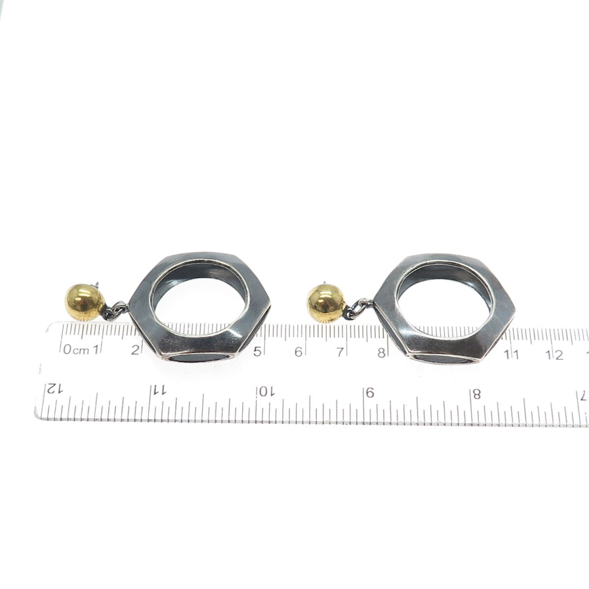 925 Sterling Silver 2-Tone Vintage Modernist Geometric Oxidized Dangle Earrings