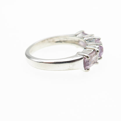 925 Sterling Silver Vintage Real Emerald-Cut Amethyst Round-Cut C Z Ring Size 7